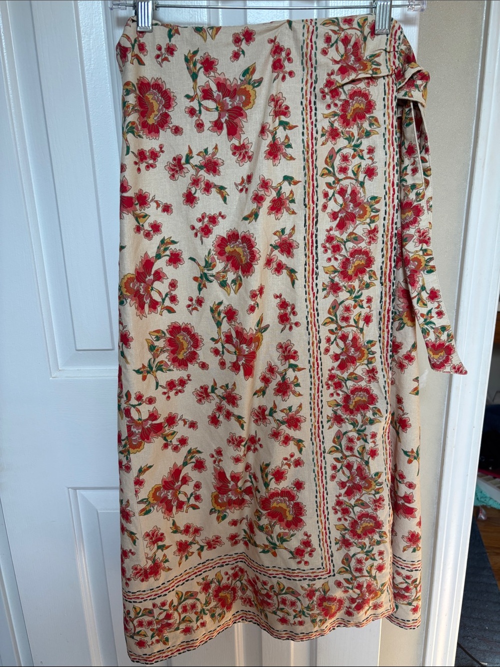 Sezane Cream Midi Wrap Skirt with Red Floral Print